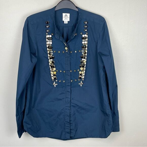 J. Crew Embellished Thomas Mason Tuxedo Shirt Navy 10 RARE - Picture 2 of 7